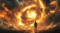 Man Contemplates Fiery Spiral Vortex in Dark Storm Clouds Royalty Free Stock Photo