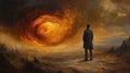 Man contemplates fiery vortex landscape Royalty Free Stock Photo
