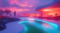 Man Contemplates Futuristic Villa Sunset Pool Royalty Free Stock Photo