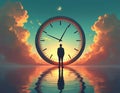 Man contemplates giant clock face reflection on still water surface. Sunset sky with clouds, moon crescent. Existential thought, Royalty Free Stock Photo