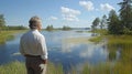 A man contemplates a serene lake landscape Royalty Free Stock Photo