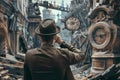 A Man Contemplates Time's Passage Amidst Crumbling Architecture and Intricate Clockwork, Reflecting on Ephemeral Ex