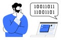 Programmer analyzing binary code with a laptop, considering digital solutions and coding logic Royalty Free Stock Photo