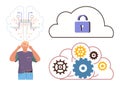 Man Contemplating Cloud Security, AI Brain Connections, and Cloud Computing Gear System Royalty Free Stock Photo