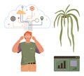 Man Contemplating Data with Cloud Connections, Growth Symbolized by Plant, and Analytics Dashboard Royalty Free Stock Photo