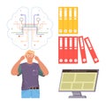 Man Contemplating Data Flow with Brain Diagram, Folder Files, and Computer Screen Royalty Free Stock Photo