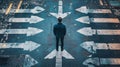 Man contemplating multiple paths at a crossroad with arrows guiding future choices