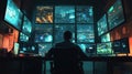Man in control room monitors cybersecurity data with multiple screens in modern high-tech urban surveillance setting at night
