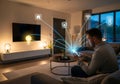 Man controlling smart home devices with smartphone and glowing icons {Ai generated Royalty Free Stock Photo
