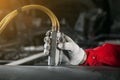 Man controls the control panel of the pneumatic, hydraulic installation Royalty Free Stock Photo