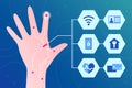 Man controls life by Microchip. Chip implant in human finger. Hand and bubbles with icons from daily life - infographic