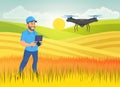 Man controls quadcopter distantly, wireless drone controller. Agricultural innovation, smart agronomy technology.