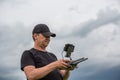 Man controls a quadrocopter. Selective focus on men, drone is blurred