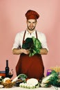 Man in cook hat and apron with salad. Cook works in kitchen with vegetables and tools. Royalty Free Stock Photo