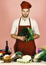 Man in cook hat and apron with salad. Cook works in kitchen with vegetables and tools. Royalty Free Stock Photo