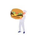 Man cook master chef cartoon character wearing uniform holding giant tasty burger fast food