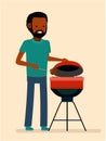 Man is cooking a barbecue grill. Fry meat and sausages on fire. Royalty Free Stock Photo