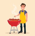 Man is cooking a barbecue grill. Fry meat and sausages on fire Royalty Free Stock Photo