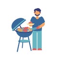 Man cooking barbecue with sausage chiken and corn Flat vector illustration