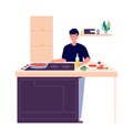 Man cooking breakfast. Guy on kitchen, frying or baking food. Student make eating vector illustration