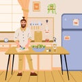 Man cooking in kitchen. Bearded male chef cutting vegetables for salad. Person preparing food. Man cooking at home. Cartoon vector Royalty Free Stock Photo