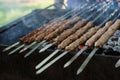 Man cooking marinated shashlik or shish kebab, chiken meat grilling on metal skewer, close up. Selective focus Royalty Free Stock Photo