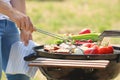 Man cooking meat and vegetables on barbecue grill Royalty Free Stock Photo