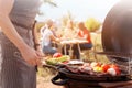 Man cooking meat and vegetables on barbecue grill, closeup Royalty Free Stock Photo