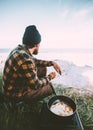 Man cooking pancakes breakfast outdoor travel lifestyle vacations