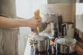 Man cooking pasta in the kitchen