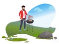 Man Cooking Sausages on Grill, Mountain Tourism