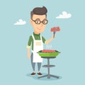 Man cooking steak on barbecue grill.