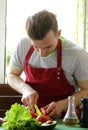 Man cooking vegetable salad (tomatoes, lettuce, cucumbers) Royalty Free Stock Photo