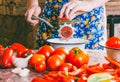 Man cooks homemade sauce, ketchup grinds pieces of ripe tomatoes into an old vintage hand meat grinder Royalty Free Stock Photo