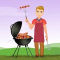 Man cooks sausages and skewers at the barbecue