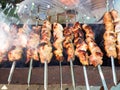 man cooks skewered shish kebabs o outdoors