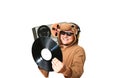 Man in cosplay costume of a cow with reel tape recorder isolated on white background. Guy in the animal pyjamas sleepwear. Funny Royalty Free Stock Photo