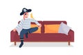 Man in costume relax on sofa semi flat color vector character