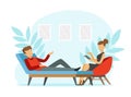 Man on Couch at Appointment with Psychologist Talking About His Problem Vector Illustration Royalty Free Stock Photo