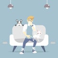 man coughing, sneezing, having allergic to pet with cat and dog, fur and wool allergy concept