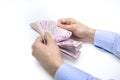 Man counting Turkish money with his hand. Turkish lira banknotes Royalty Free Stock Photo