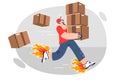 Man courier from express delivery company runs with boxes in hurry to delivery order to client