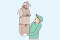 Man courier holds several boxes as he looks frightened at falling package. Vector image