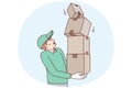 Man courier holds several boxes as he looks frightened at falling package. Vector image