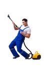 The man in coveralls doing vacuum cleaning on white Royalty Free Stock Photo