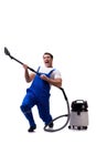 The man in coveralls doing vacuum cleaning on white Royalty Free Stock Photo