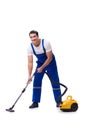 The man in coveralls doing vacuum cleaning on white Royalty Free Stock Photo