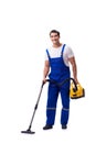 The man in coveralls doing vacuum cleaning on white Royalty Free Stock Photo