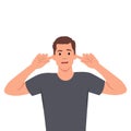 Man covering ears with fingers with annoyed expression for the noise of loud sound or music