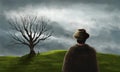 Man, cowboy in coat with hat walking to graves under tree under storm dramatic sky. Digital painting